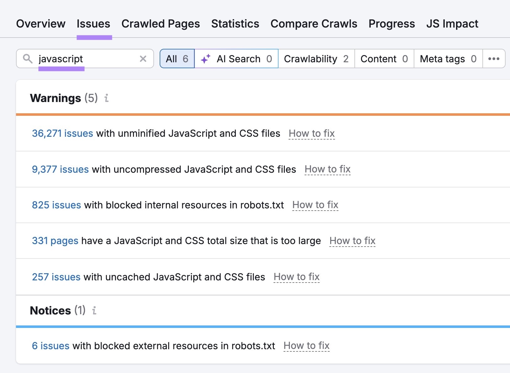 The "Issues" tab on Site Audit with "javascript" entered showing a list of related issues.