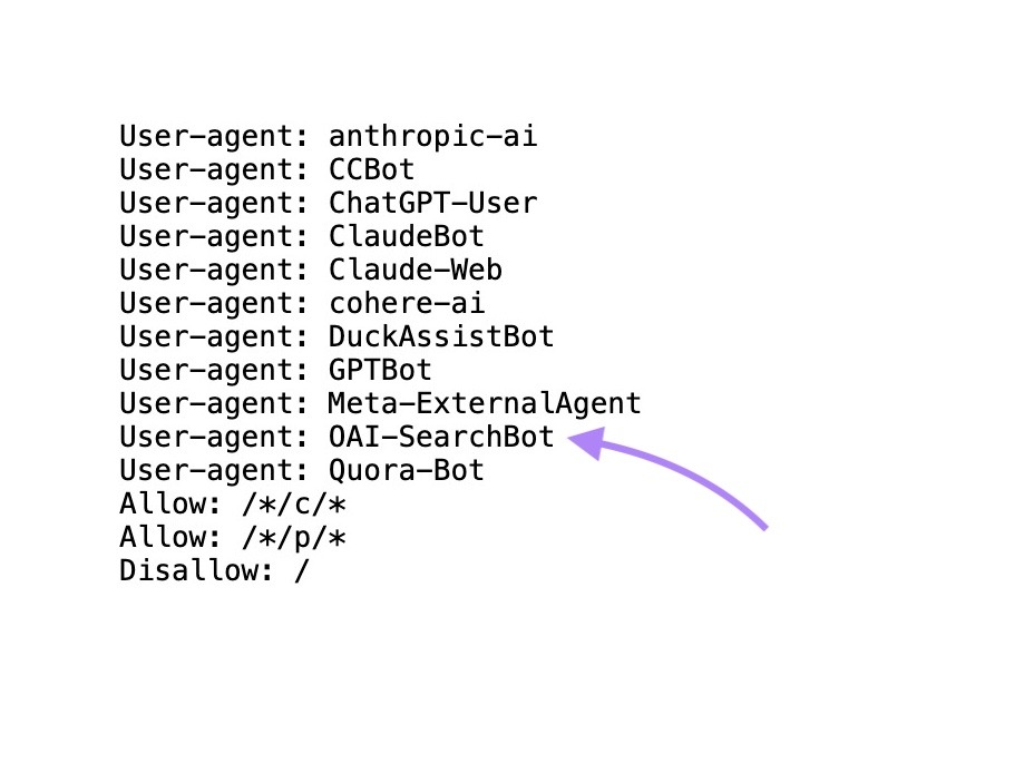 A robots.txt file with OAI-SearchBot allowed.