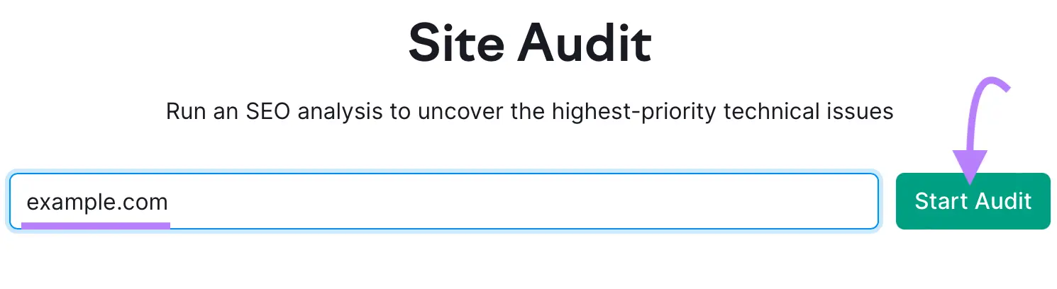 Site Audit tool start with a domain entered and "Start Audit" clicked.