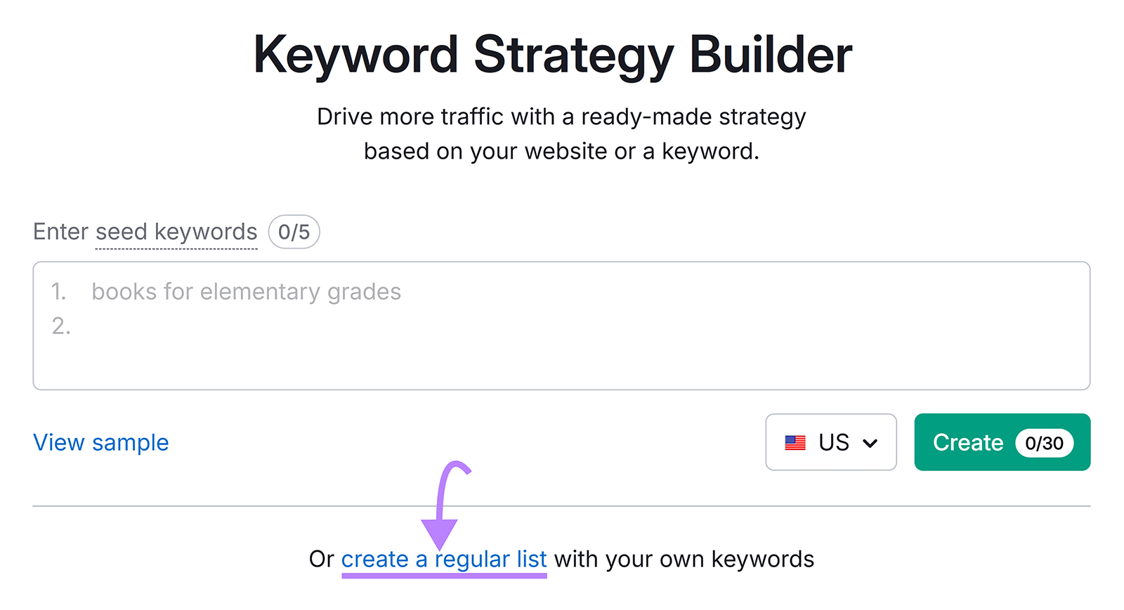 Semrush Keyword Strategy Builder showing option to create a regular keyword list instead of entering seed keywords